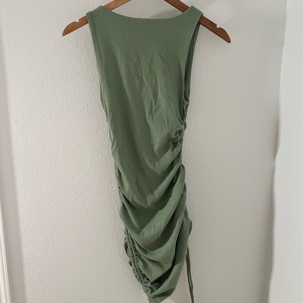 Lulu's Over and Over Sage Green Ribbed Drawstring Ruched Bodycon Dress - Picture 7 of 7